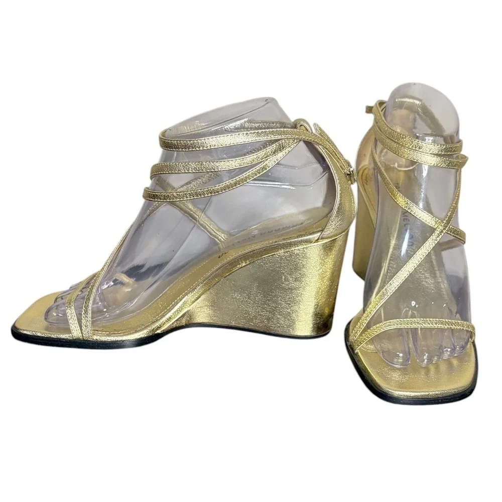 Tamara Mellon Gold Strappy Wedge Sandals Metallic Italian Women's Size 8.5